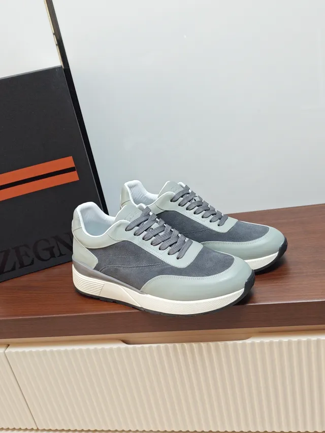 Zegna Gray Beige Mixed-Material Upper Sage Green And Charcoal Color Blocking Sneakers