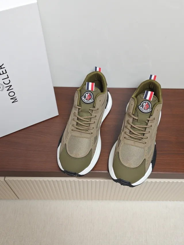 Moncler Army Green Beige Multi-Material Upper Sculpted White Midsole Sneakers