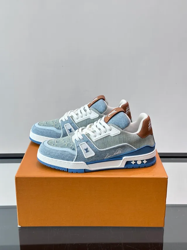 Louis Vuitton LV Trainer Blue Brown Monogram Jacquard Upper Layered White Cage Overlay Lifestyle Sneakers