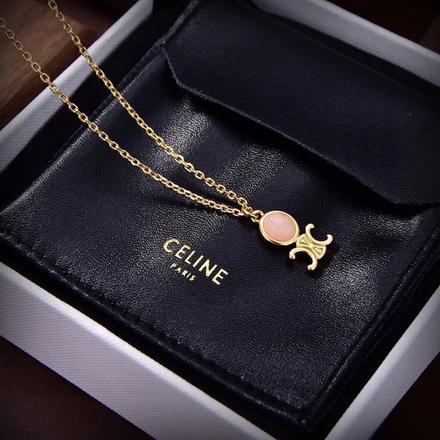 Celine Triomphe Gold-Tone and Pink Stone Necklace