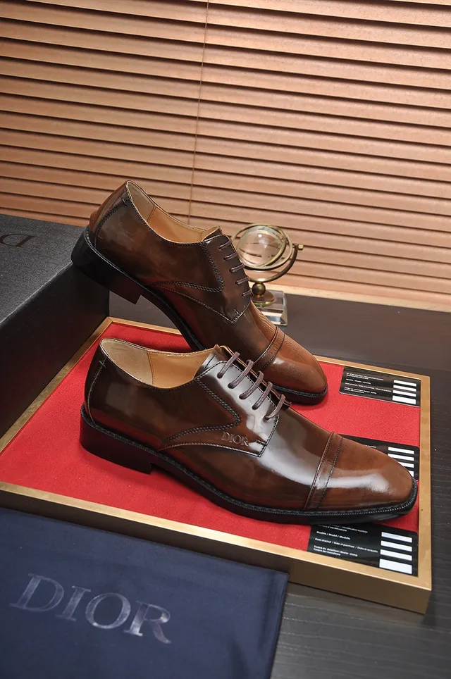 Dior Brown Black Polished Leather Cap-Toe Oxford Shoes