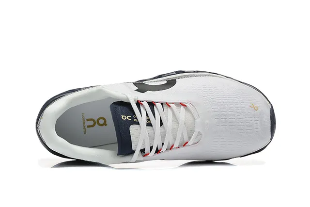 On Cloudmonster White Navy Gold Running Shoes