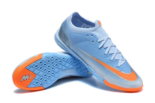 Nike MercurialX Blue Orange Low-Cut Knit Upper Metallic Silver Overlay Indoor Soccer Shoes