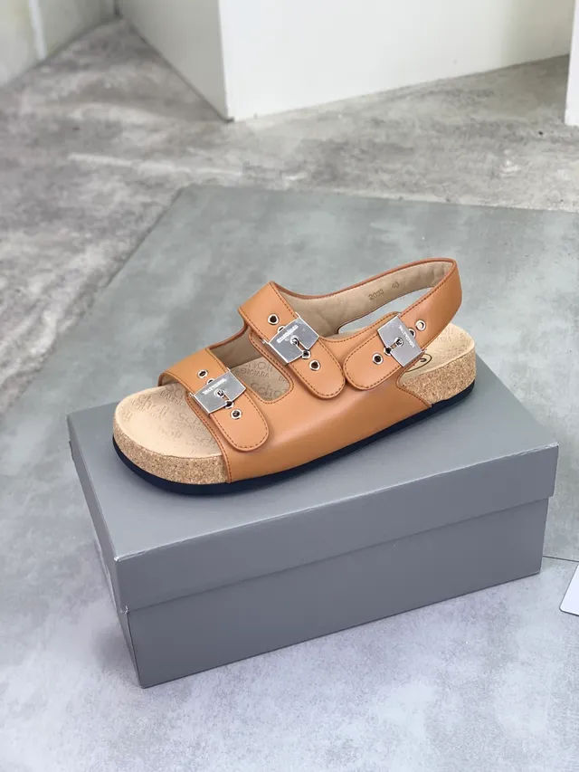 Balenciaga Triple Buckle Tan Leather Casual Sandals