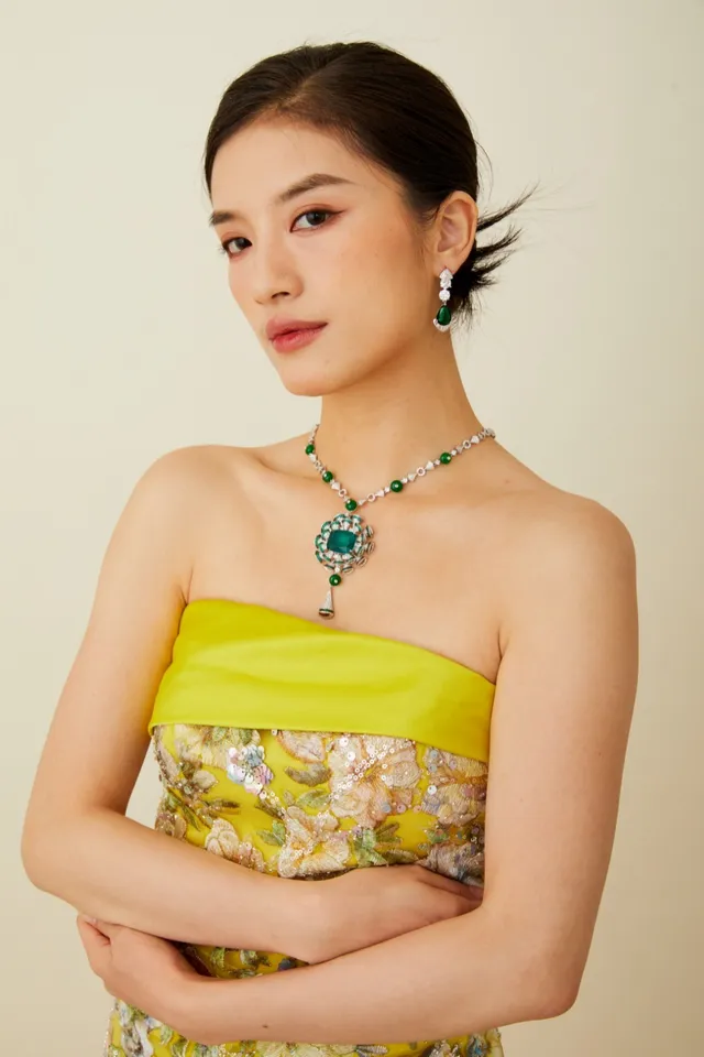Lime Green Satin-Banded Floral Embroidered Sequin Dress