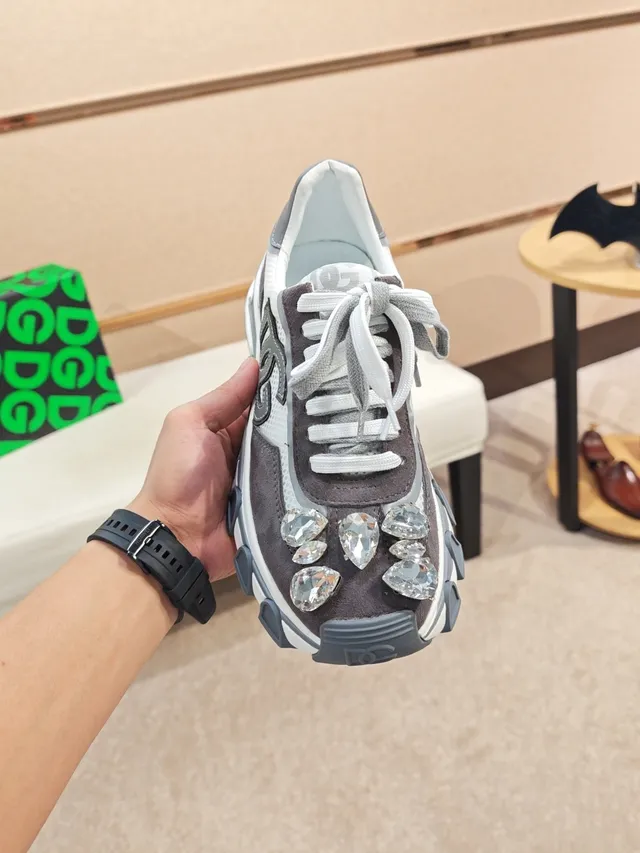 Dolce & Gabbana Gray White Sole Crystal-Embellished Toe Chunky Sneakers