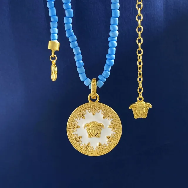 Versace Medusa Icon Red Gold Beaded Chain Pendant Necklace